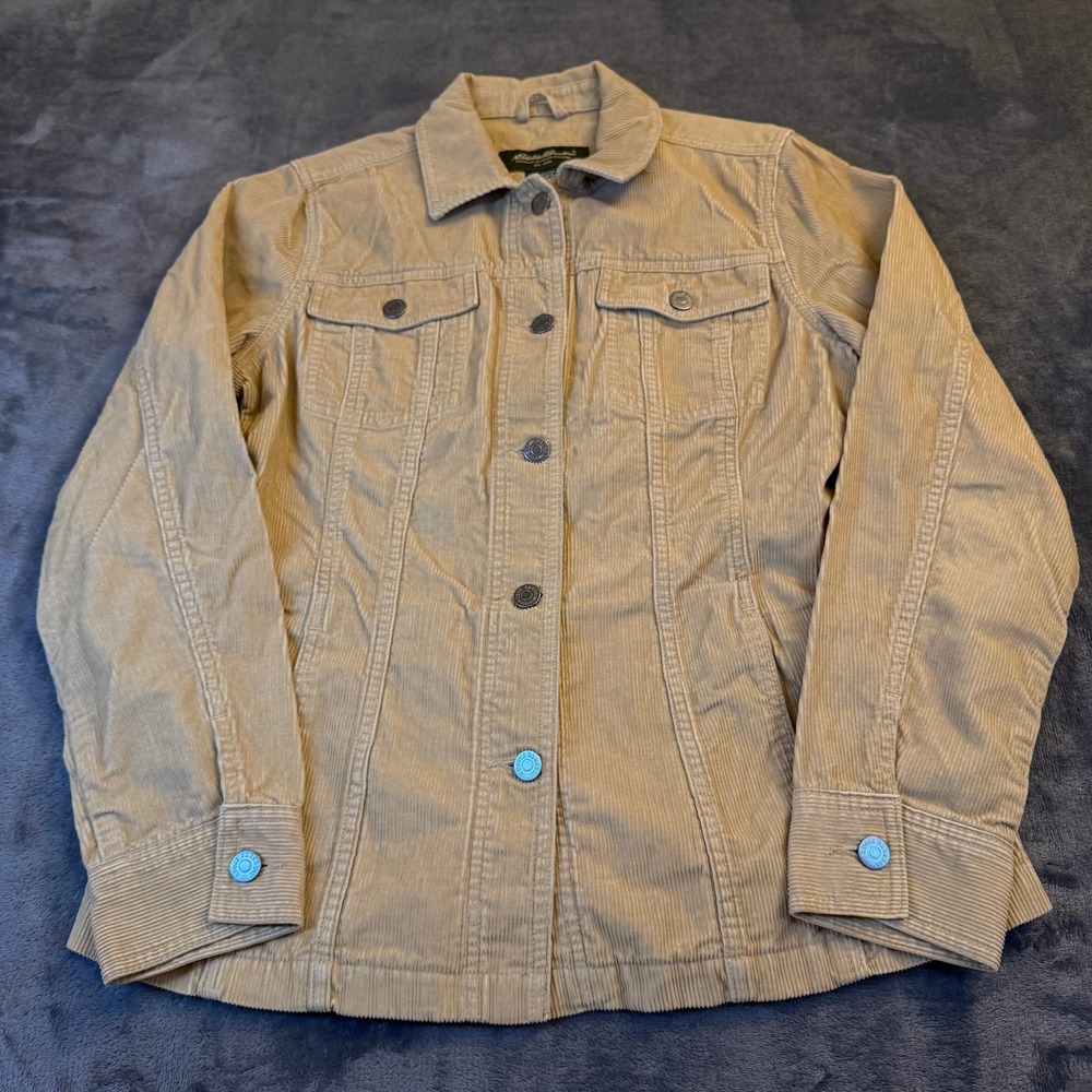 Eddie Bauer Corduroy Trucker Jacket Tan Button Front Long Sleeve Womens Medium